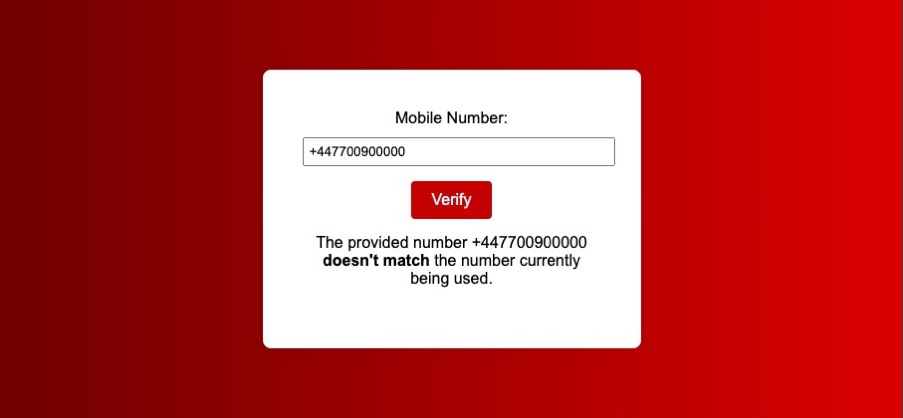 Successful call to Number Verify API returning a no match result.