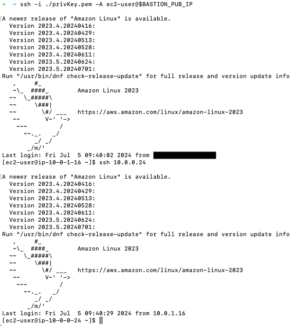 Terminal screen displaying connection between bastion host and the application server